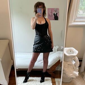 BLUE RAIN BLACK FAUX LEATHER SKIRT RHINESTONE PEARL EMBELLISHMENTS ZIPPER LINED
